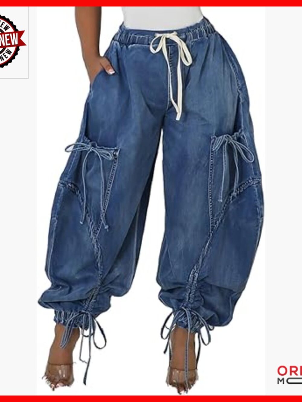 High Waist Wide Leg Cargo Jeans, Drawstring Jogger Sweatpants, Loose Fit